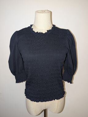 Veronica Beard Navy Smocked Puff-Sleeve Blouse